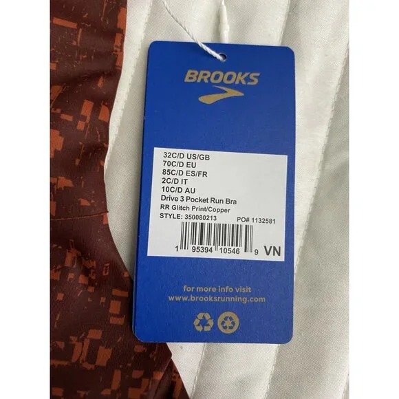 Brooks NWT 32C/D Drive 3 Pocket Run Bra Glitch Print Copper Compression Wicking - Picture 4 of 10